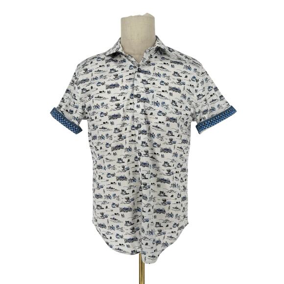 Robert Graham Button Front Short Sleeve Shirt THROTTLE Classic Car  Print M - Picture 1 of 10